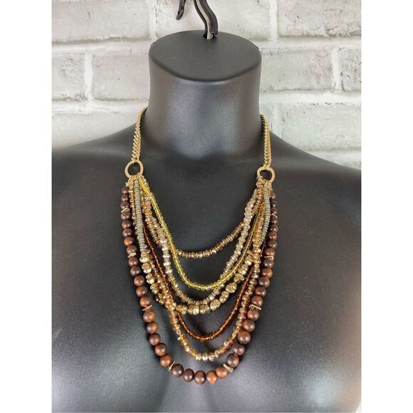 C1946 Layered Necklace Brown Gold Beaded Honey Amber Layered Necklace - Picture 1 of 8